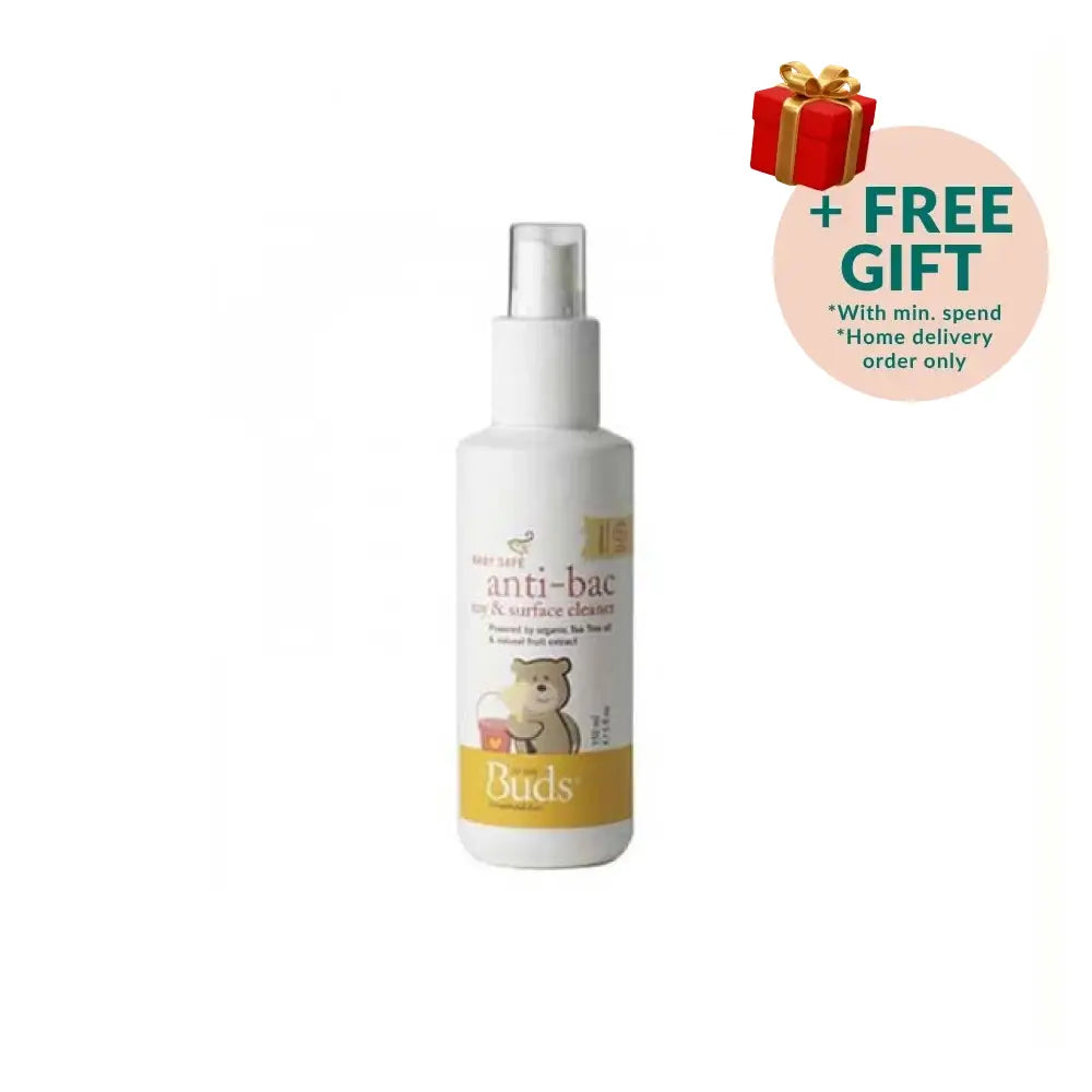 BUDS baby safe antibacterial toy cleaner in a spray bottle for safe and effective cleaning