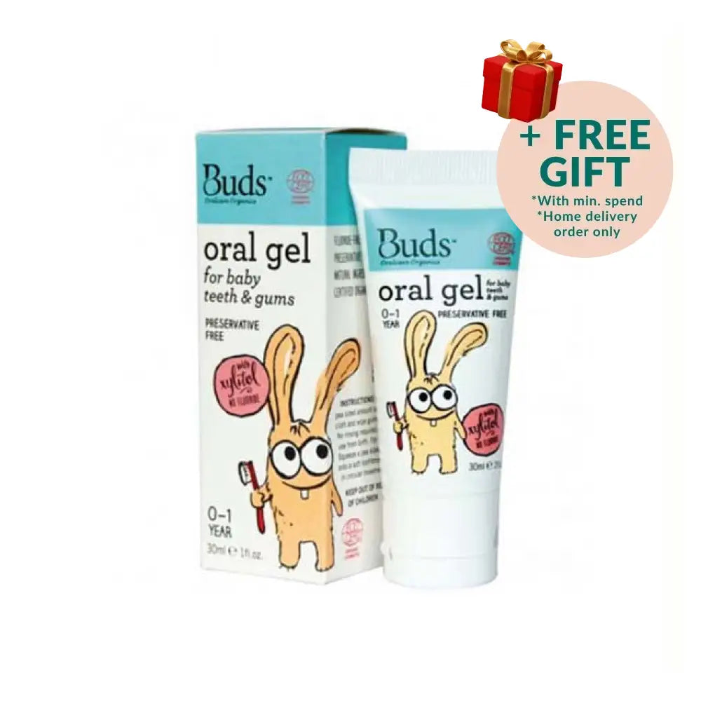 Buds baby oral gel for teeth and gums in a 30ml tube for infants, preservative free formula
