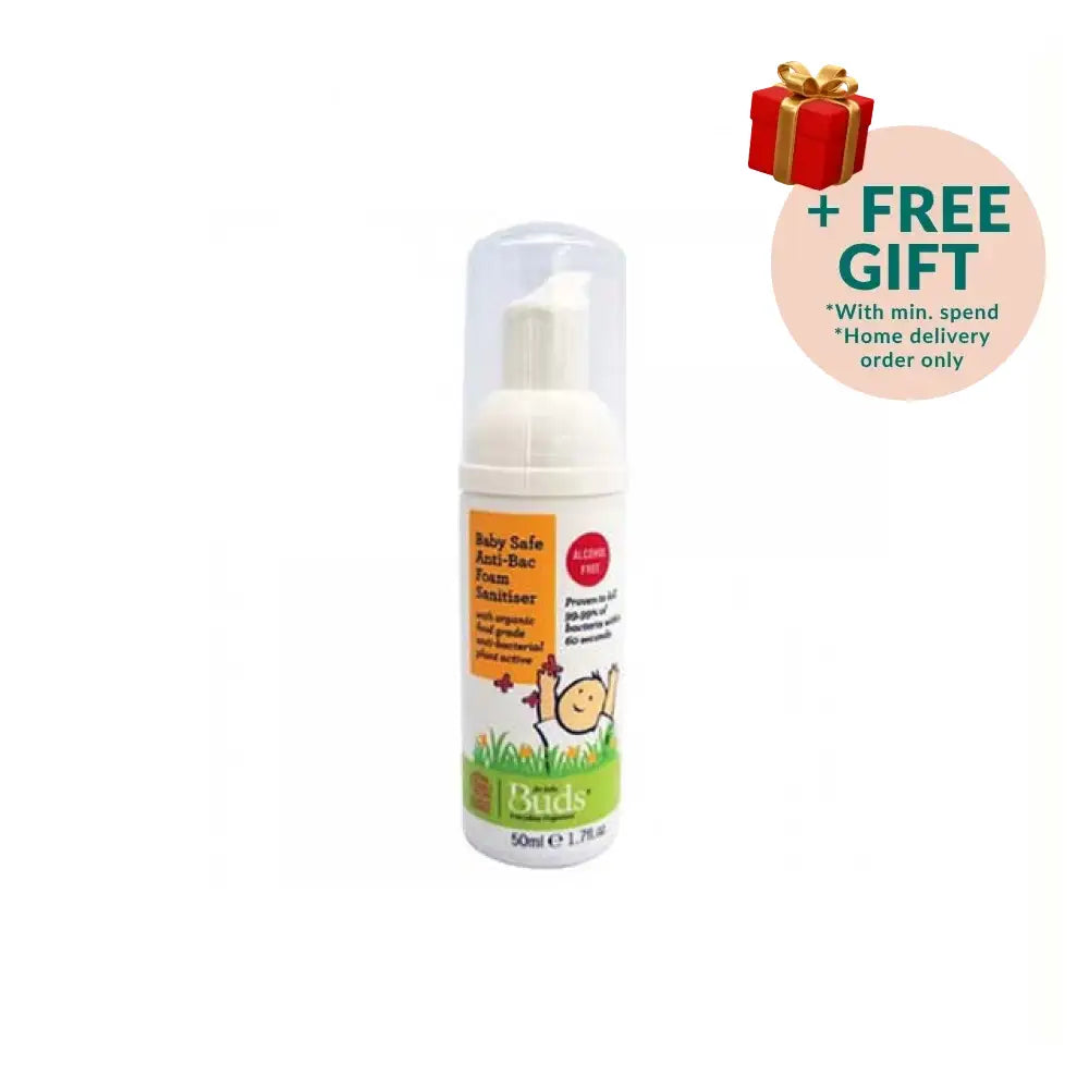 Buds baby safe foam sanitizer in a 50ml bottle for gentle and effective cleaning