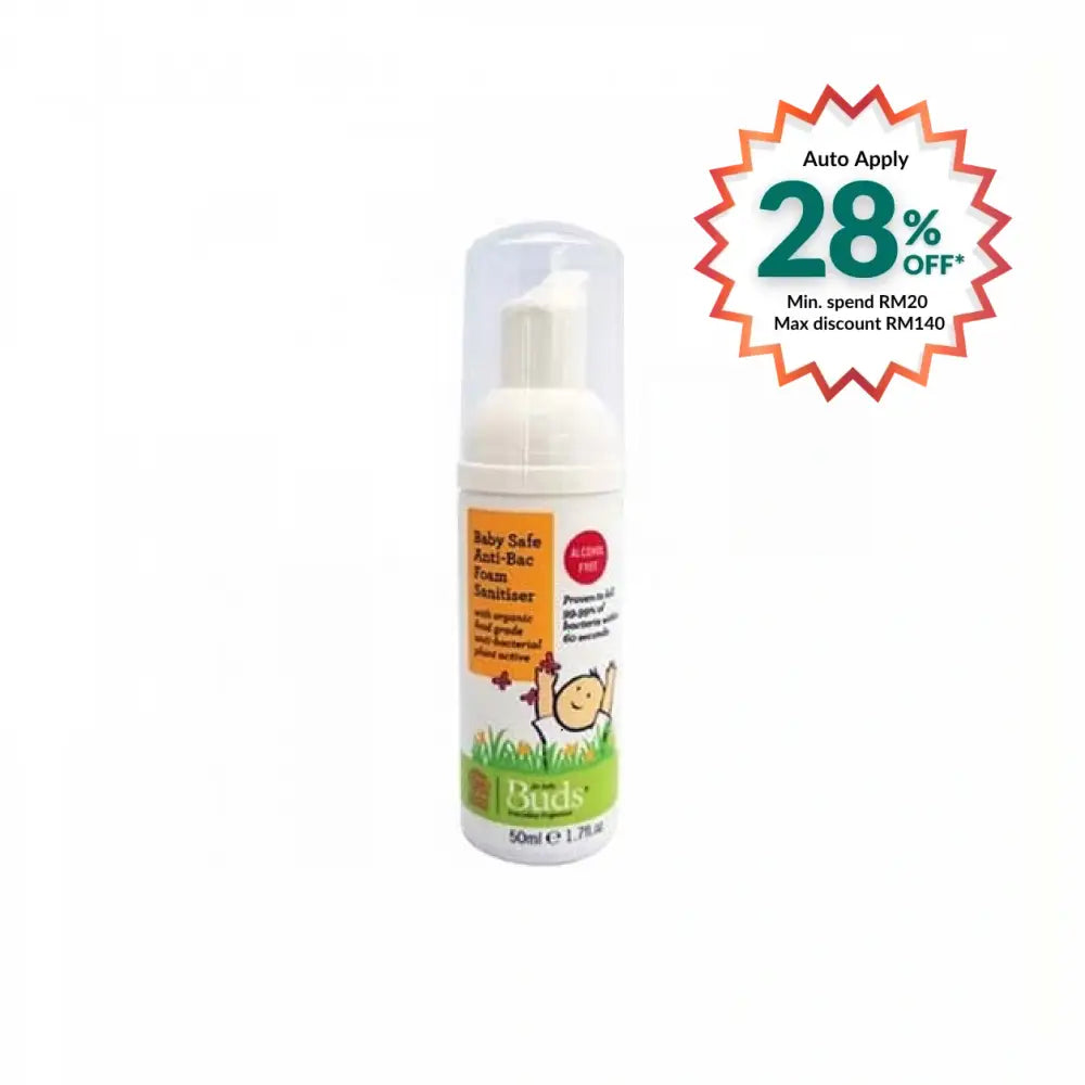 Buds baby safe foam sanitizer in a 50ml bottle for gentle and effective cleaning
