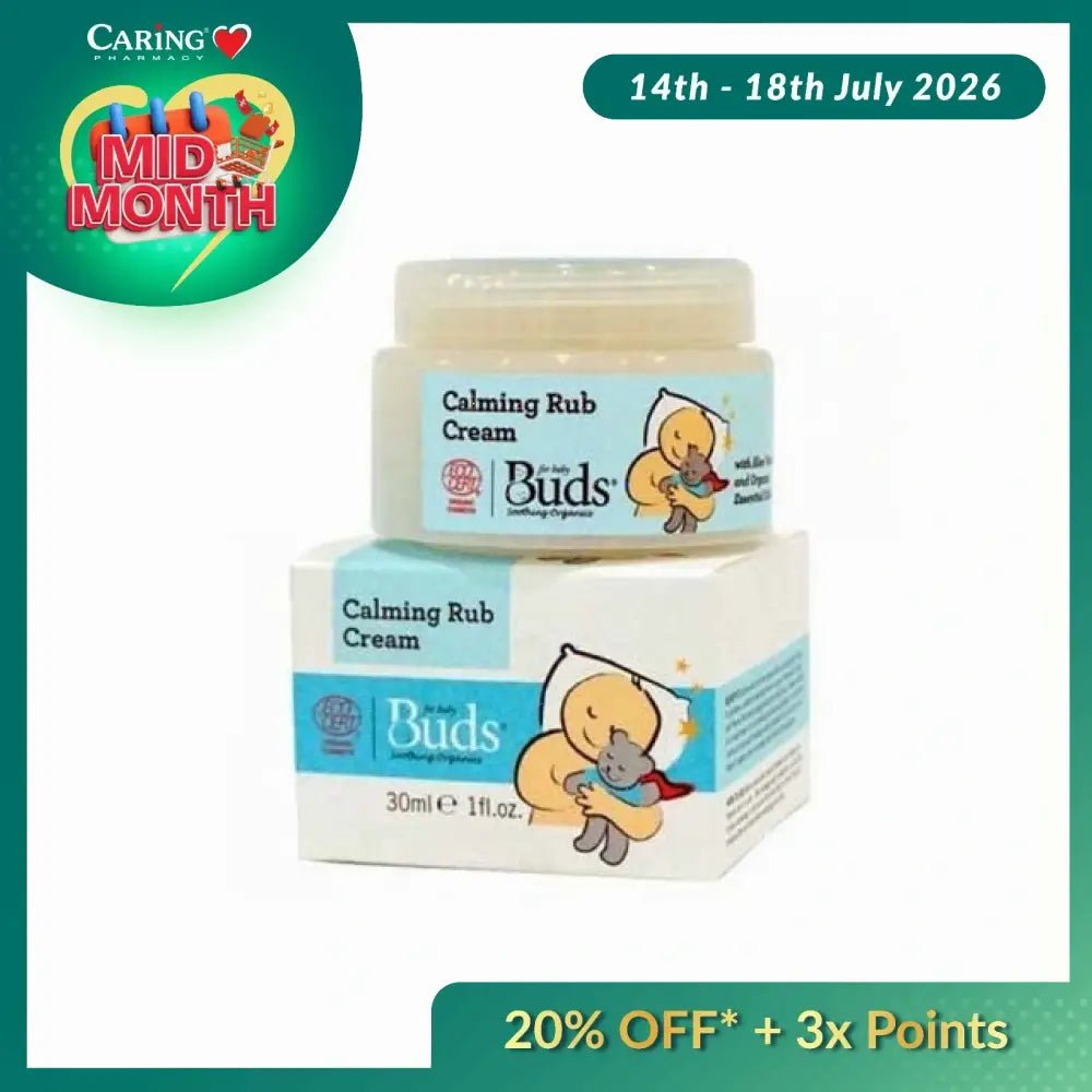 BUDS Calming Rub Cream jar and box 30ml with baby hugging teddy illustration soothing rub cream for babies