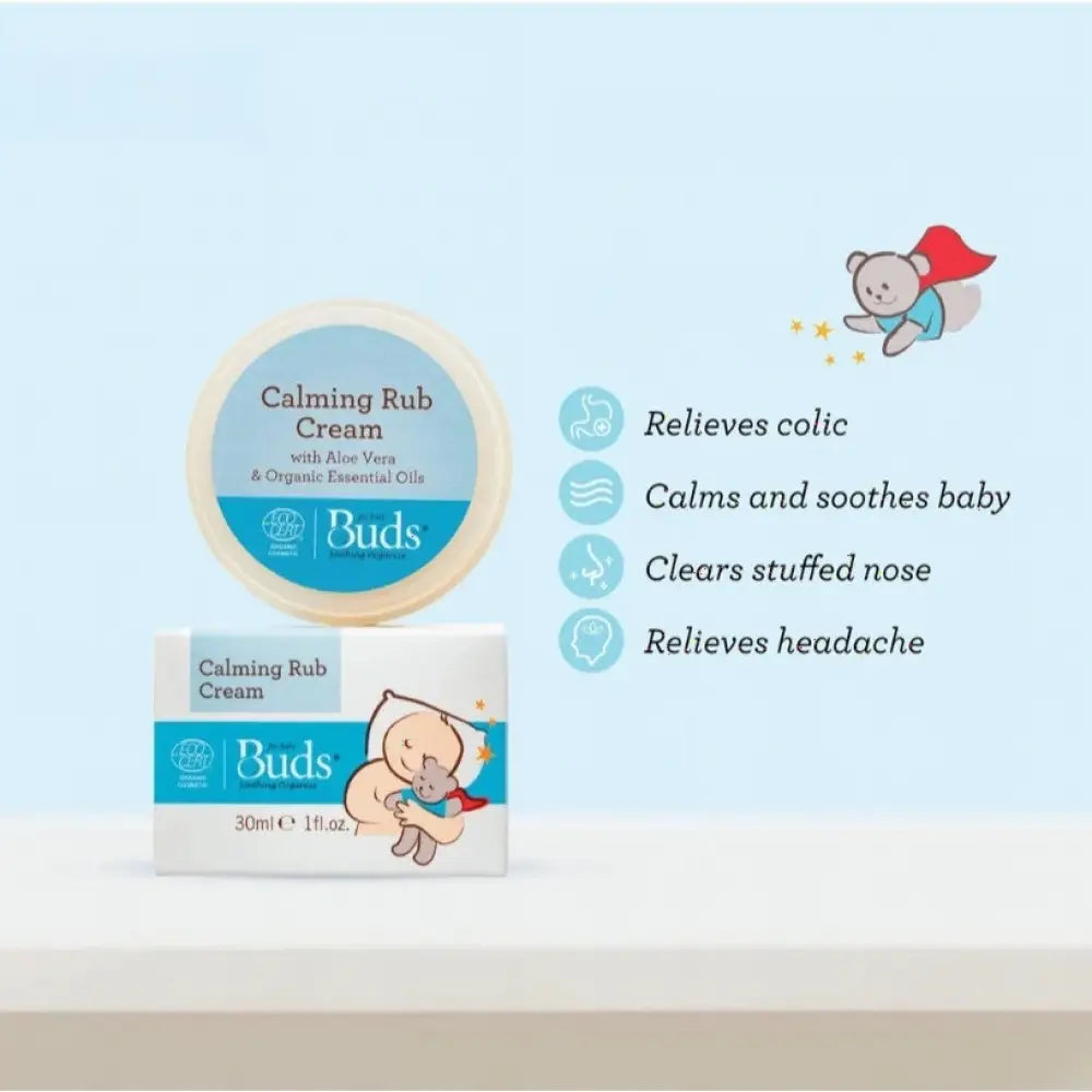 BUDS Calming Rub Cream jar and box with baby illustration and benefit icons soothing rub cream for babies