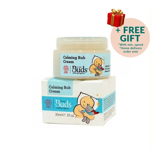BUDS Calming Rub Cream jar and box 30ml with baby hugging teddy illustration soothing rub cream for babies