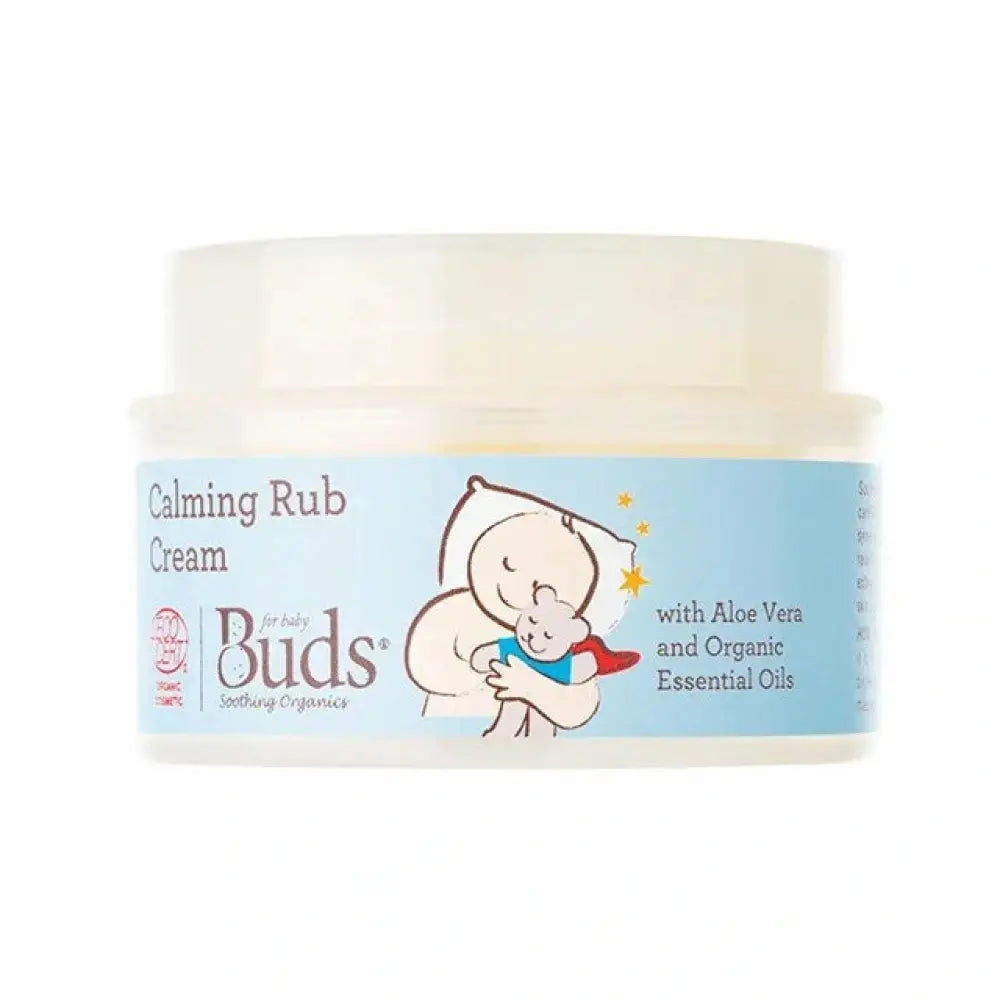 BUDS calming rub cream jar with parent hugging baby illustration and aloe vera soothing rub cream for babies