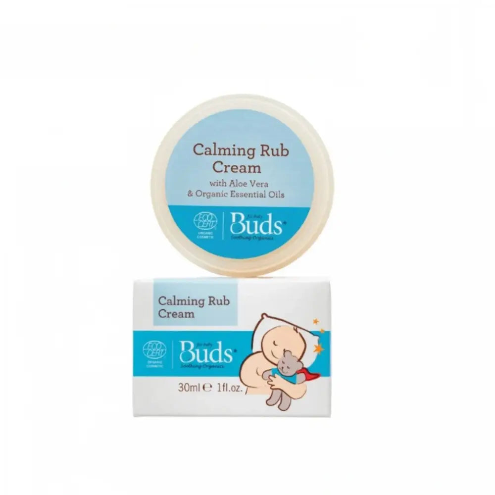 BUDS Calming Rub Cream 30ml tub and box with baby and teddy illustration soothing rub cream for babies