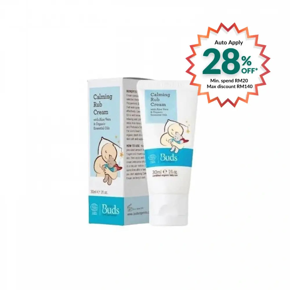 BUDS organic calming rub cream for babies in a 30ml tube with essential oils for soothing relief