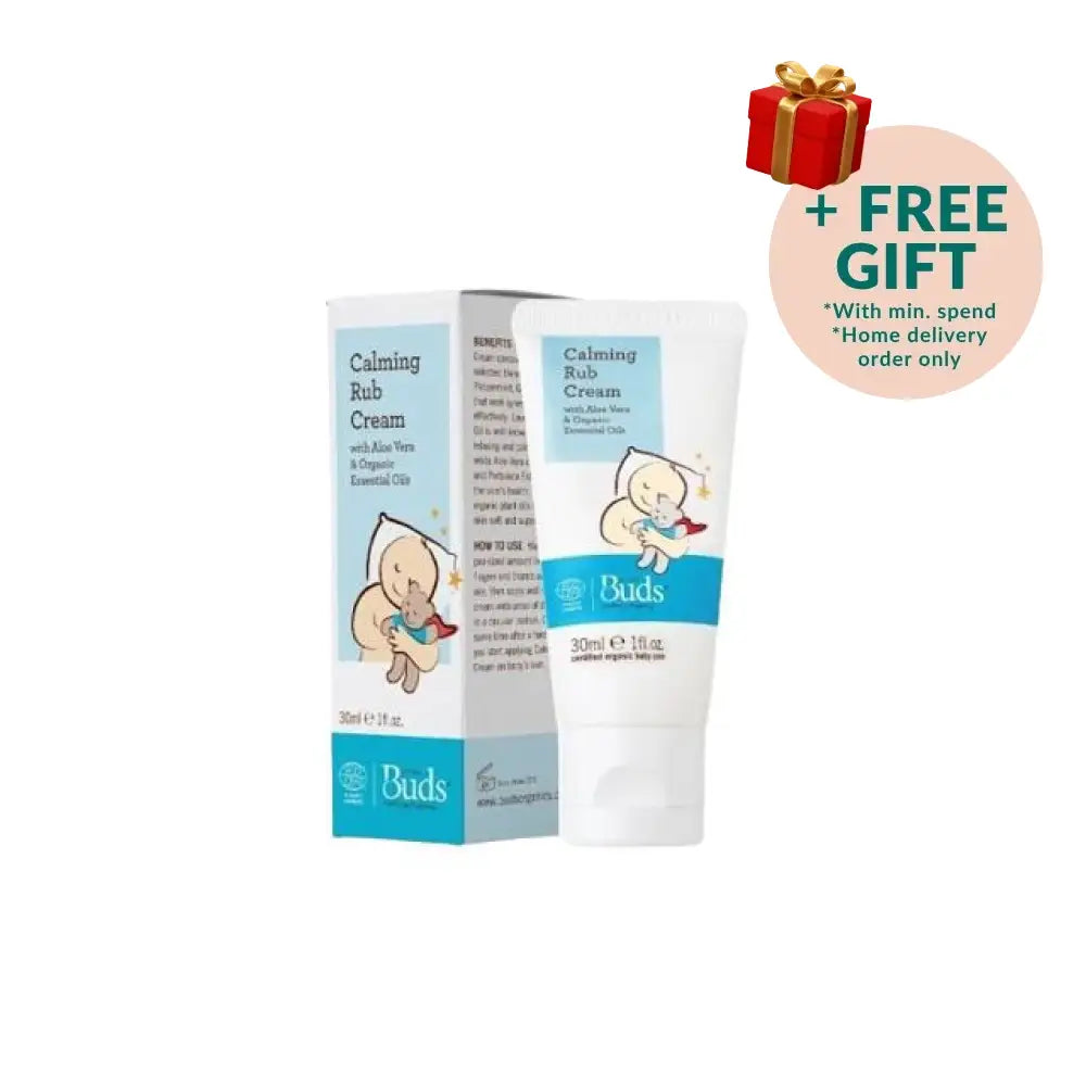 BUDS organic calming rub cream for babies in a 30ml tube with essential oils for soothing relief