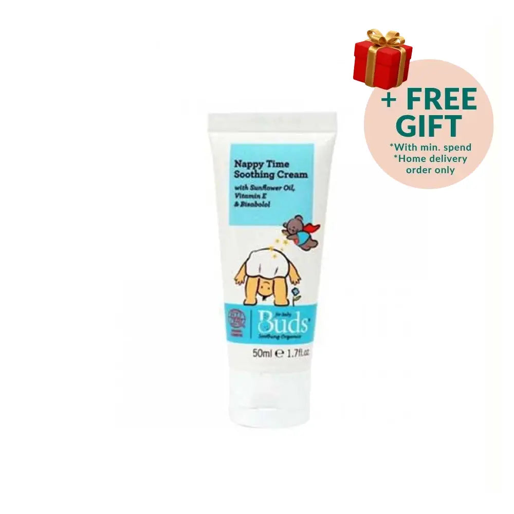 BUDS organic nappy rash cream in a 50ml tube with soothing ingredients for sensitive skin