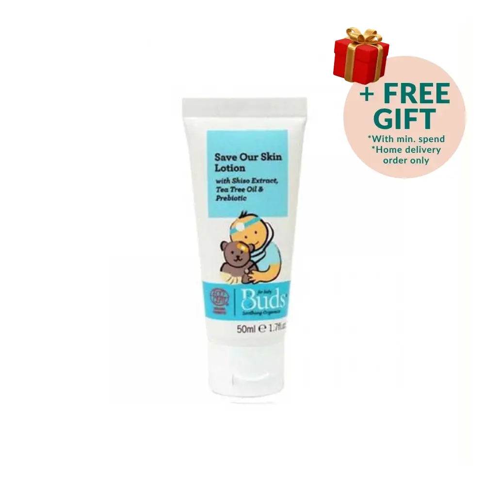 Buds Save Our Skin Lotion 50ml with Tea Tree Oil and Probiotics, perfect organic baby skin lotion