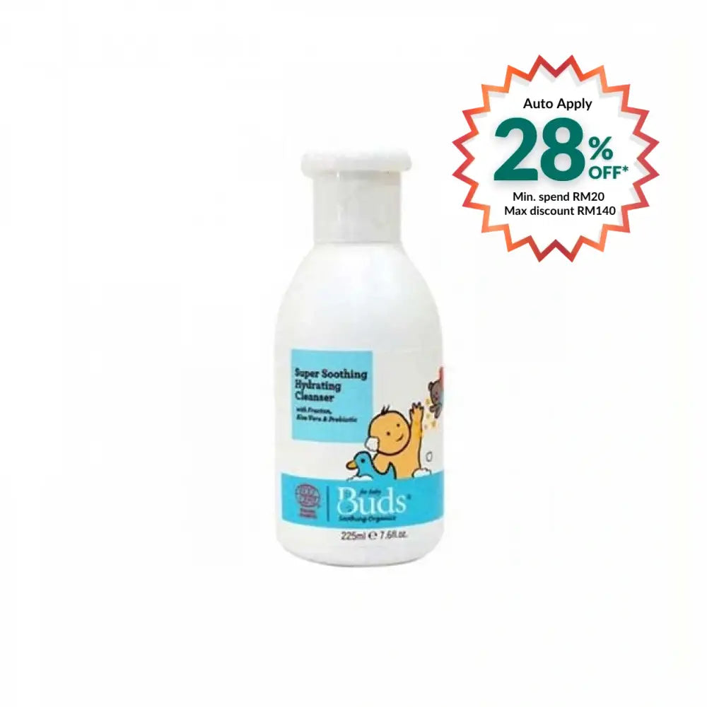 Buds Organic Baby Soothing Cleanser in a 225ml bottle with a playful design for gentle infant care