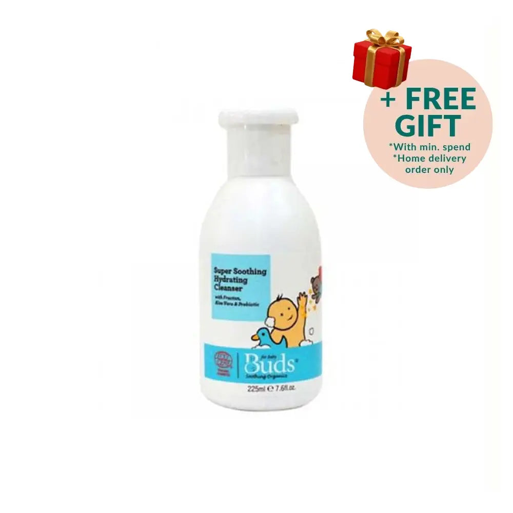 Buds Organic Baby Soothing Cleanser in a 225ml bottle with a playful design for gentle infant care