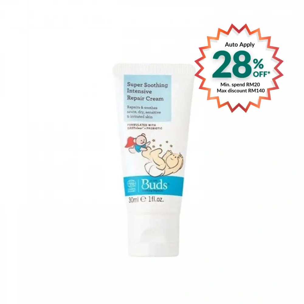 BUDS Super Soothing Intensive Repair Cream in a 30ml tube, ideal organic baby soothing cream for sensitive skin