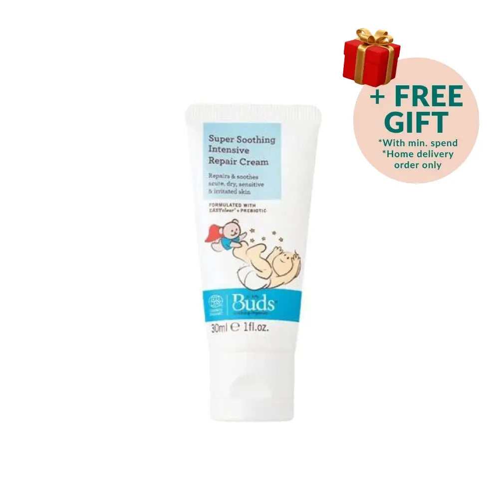 BUDS Super Soothing Intensive Repair Cream in a 30ml tube, ideal organic baby soothing cream for sensitive skin