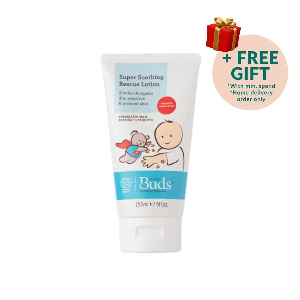 BUDS Super Soothing Rescue Lotion 150ml for babies, featuring organic baby soothing lotion for dry and sensitive skin