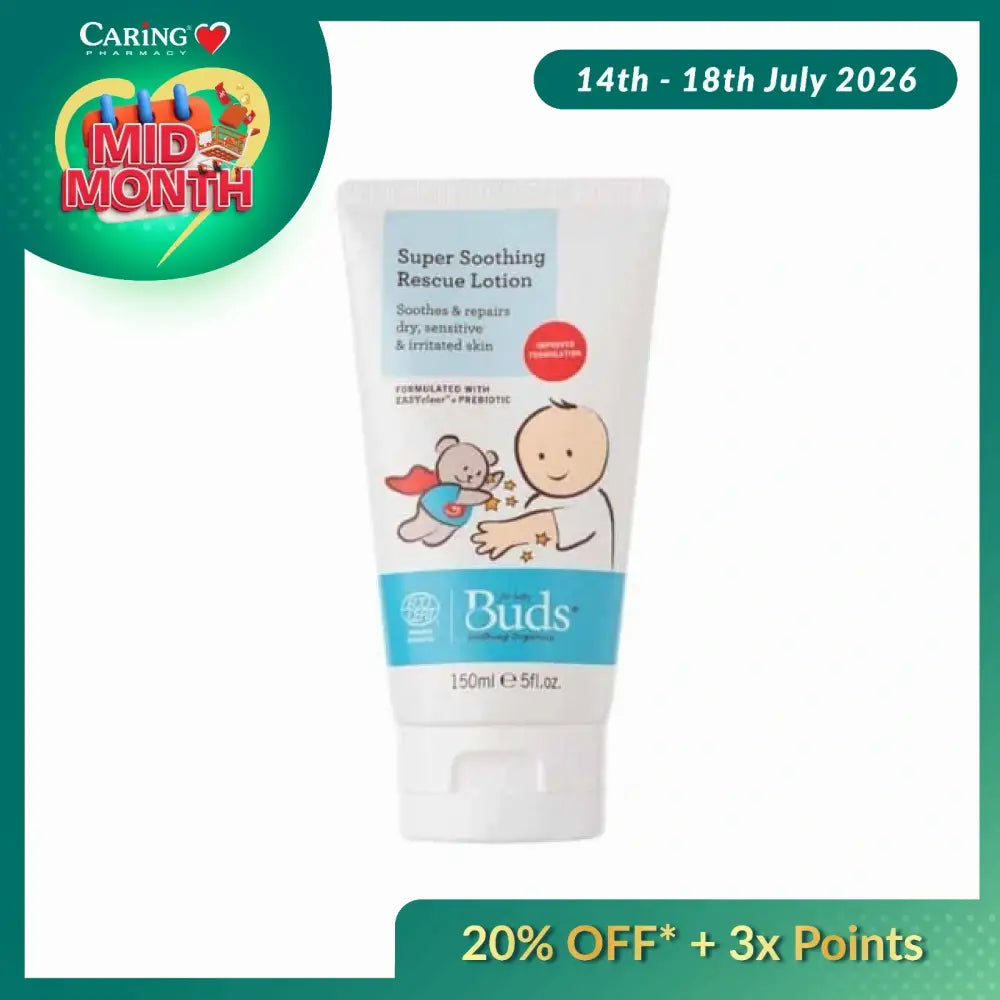 BUDS Super Soothing Rescue Lotion 150ml for babies, featuring organic baby soothing lotion for dry and sensitive skin