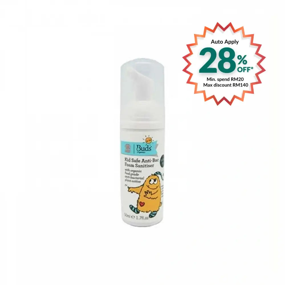 Buds kids safe antibacterial foam sanitizer in a compact pump bottle for effective hand hygiene