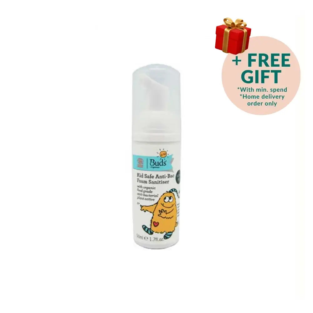 Buds kids safe antibacterial foam sanitizer in a compact pump bottle for effective hand hygiene