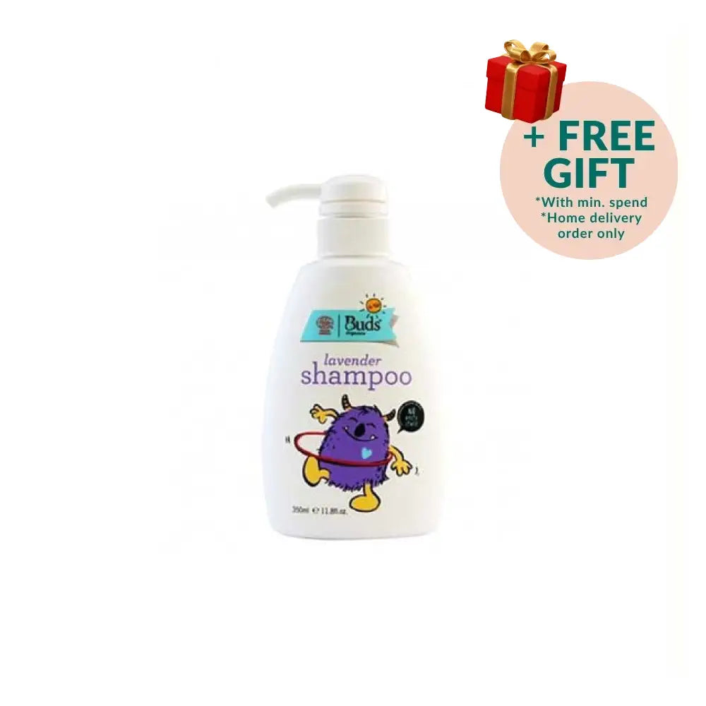 BUDS lavender shampoo for kids in a 250ml bottle with fun monster character design