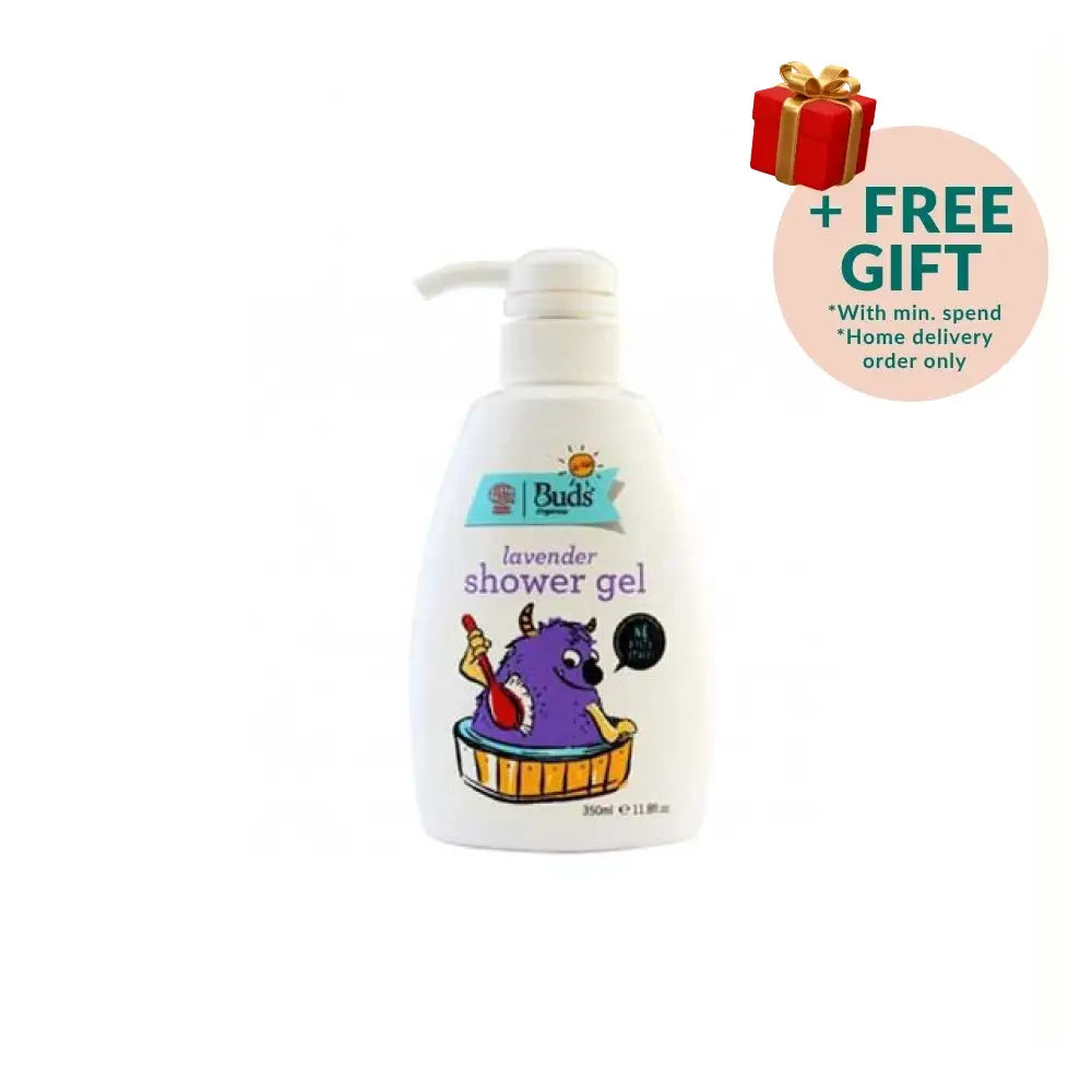 BUDS kids lavender shower gel in a bottle featuring a playful design and easy pump dispenser