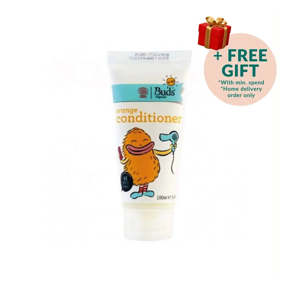 BUDS kids orange hair conditioner in a 100ml tube designed for gentle hair care