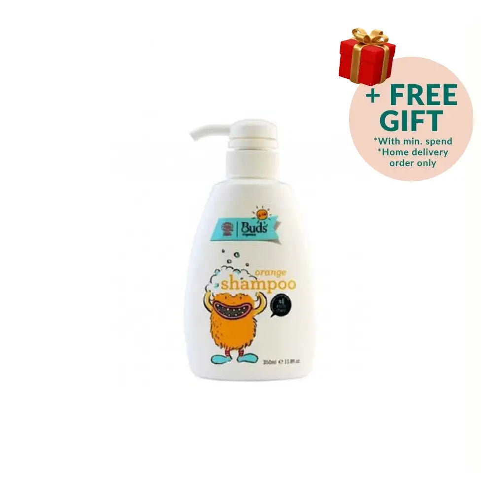 Buds kids orange shampoo in a pump bottle with a playful monster design for children's hair care