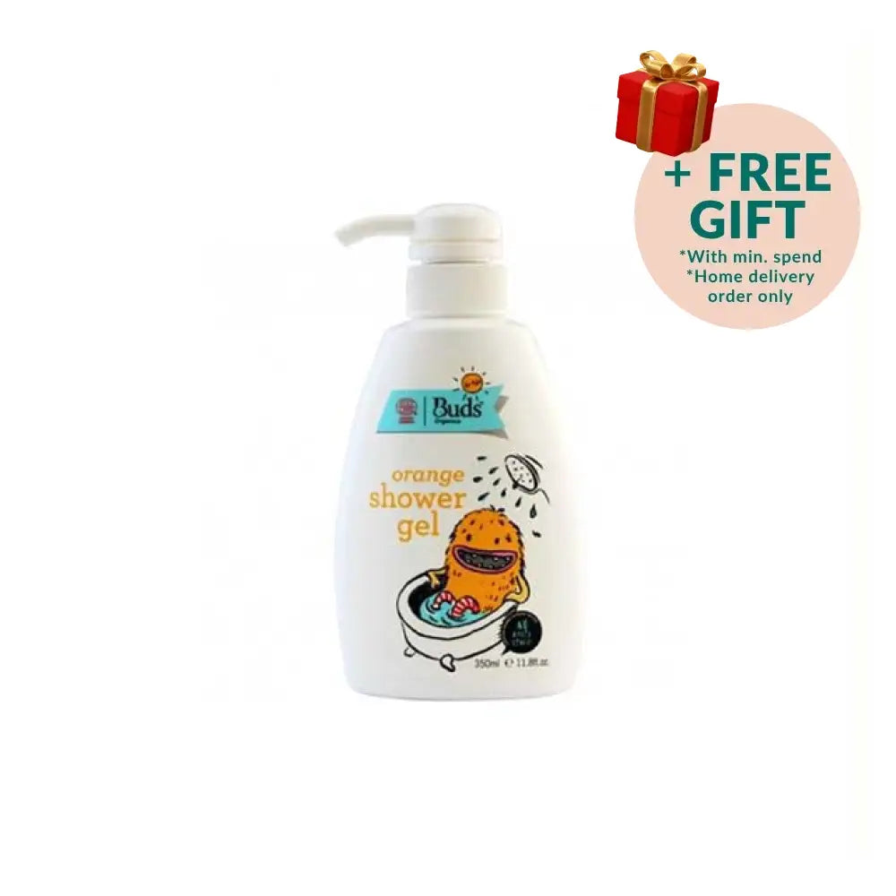 Buds kids orange shower gel in a white pump bottle with playful design for children's bath time