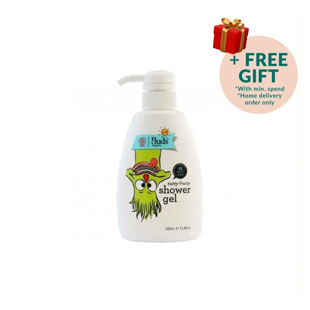 Buds kids fruity shower gel in a fun bottle with a playful character design for children's bath time