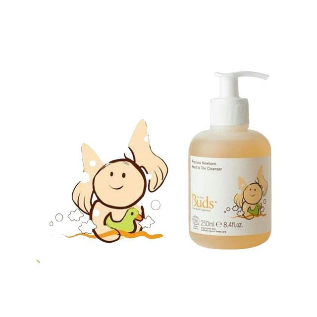 Buds Happy Baby Head to Toe Cleanser in a pump bottle, gentle formula for babies with playful character design