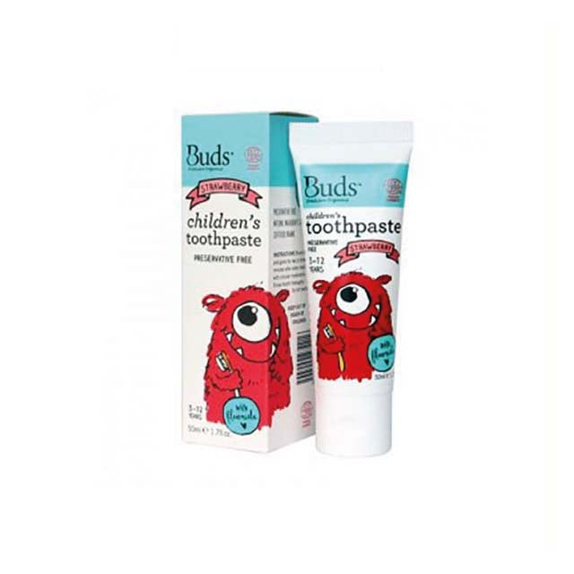 Buds kids fluoride toothpaste strawberry in a 50ml tube, safe and effective for children's dental care