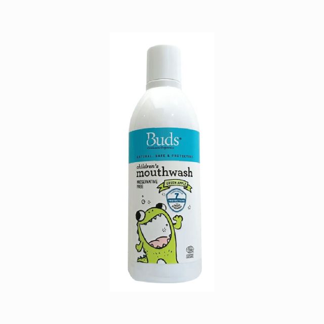 Buds kids green apple mouthwash in a white bottle with a fun monster design for children's dental care
