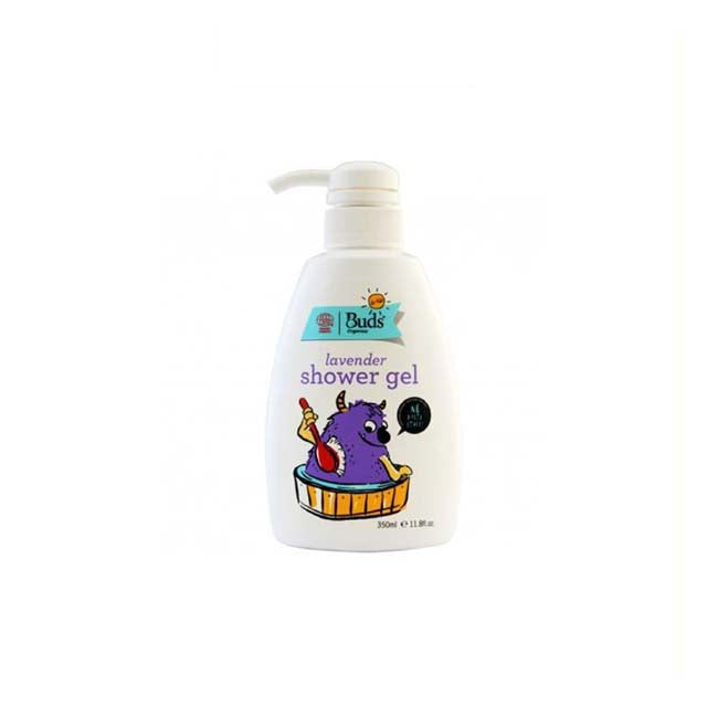 BUDS kids lavender shower gel in a bottle featuring a playful design and easy pump dispenser