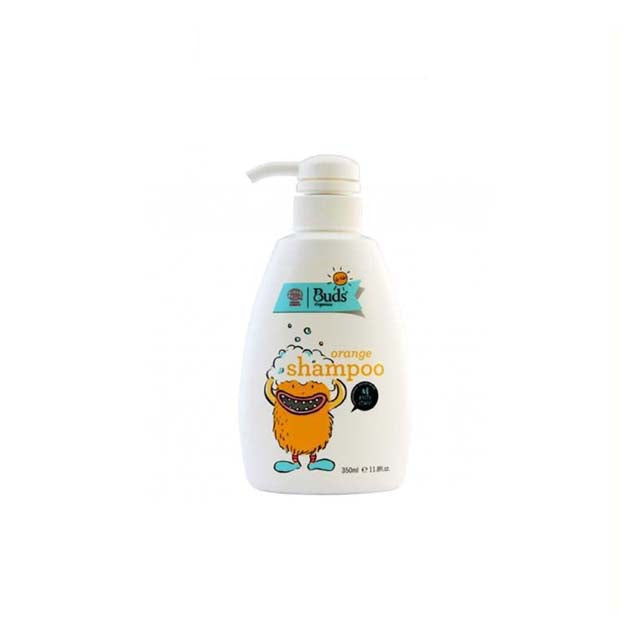 Buds kids orange shampoo in a pump bottle with a playful monster design for children's hair care