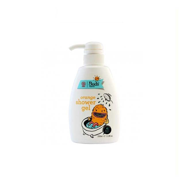 Buds kids orange shower gel in a white pump bottle with playful design for children's bath time