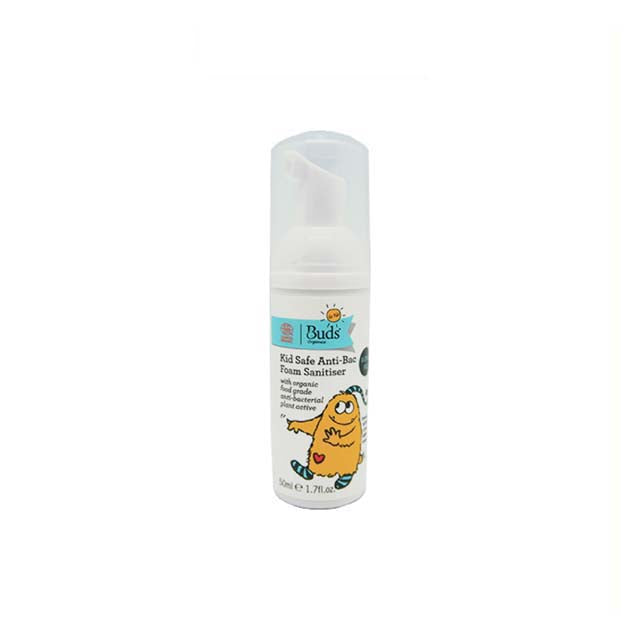 Buds kids safe antibacterial foam sanitizer in a compact pump bottle for effective hand hygiene