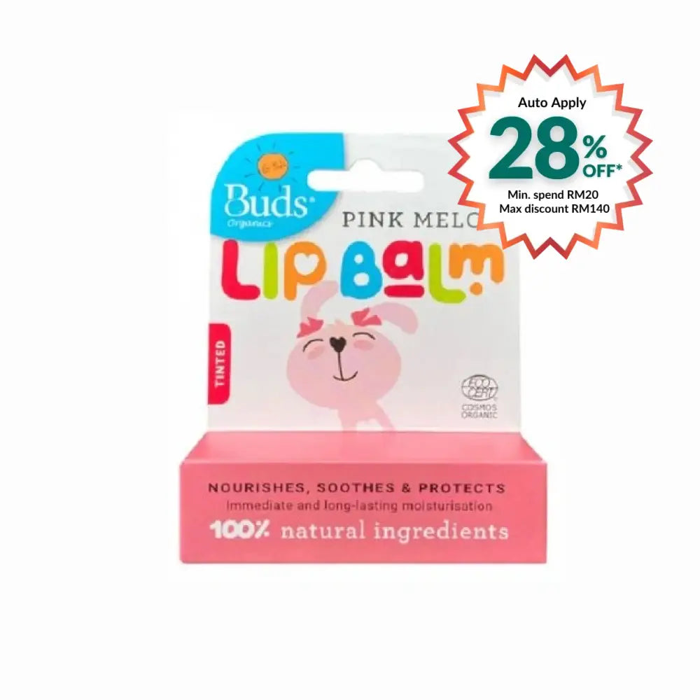 BUDS pink melon lip balm packaging with cartoon bunny and natural ingredients label