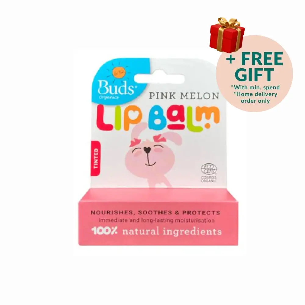 BUDS pink melon lip balm packaging with cartoon bunny and natural ingredients label