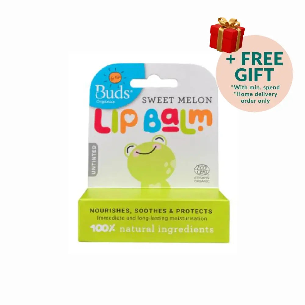Buds Sweet Melon Lip Balm in packaging, enriched with 100% natural ingredients for nourishment and protection