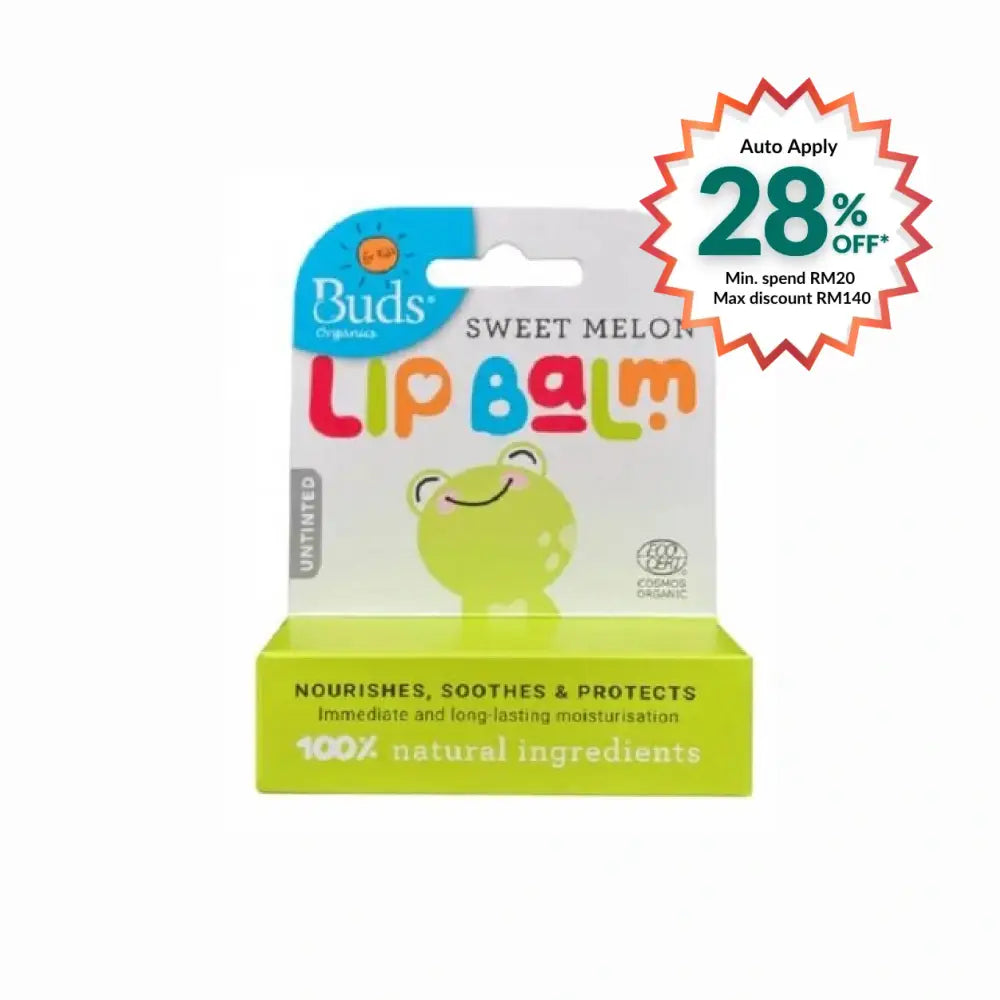 Buds Sweet Melon Lip Balm in packaging, enriched with 100% natural ingredients for nourishment and protection