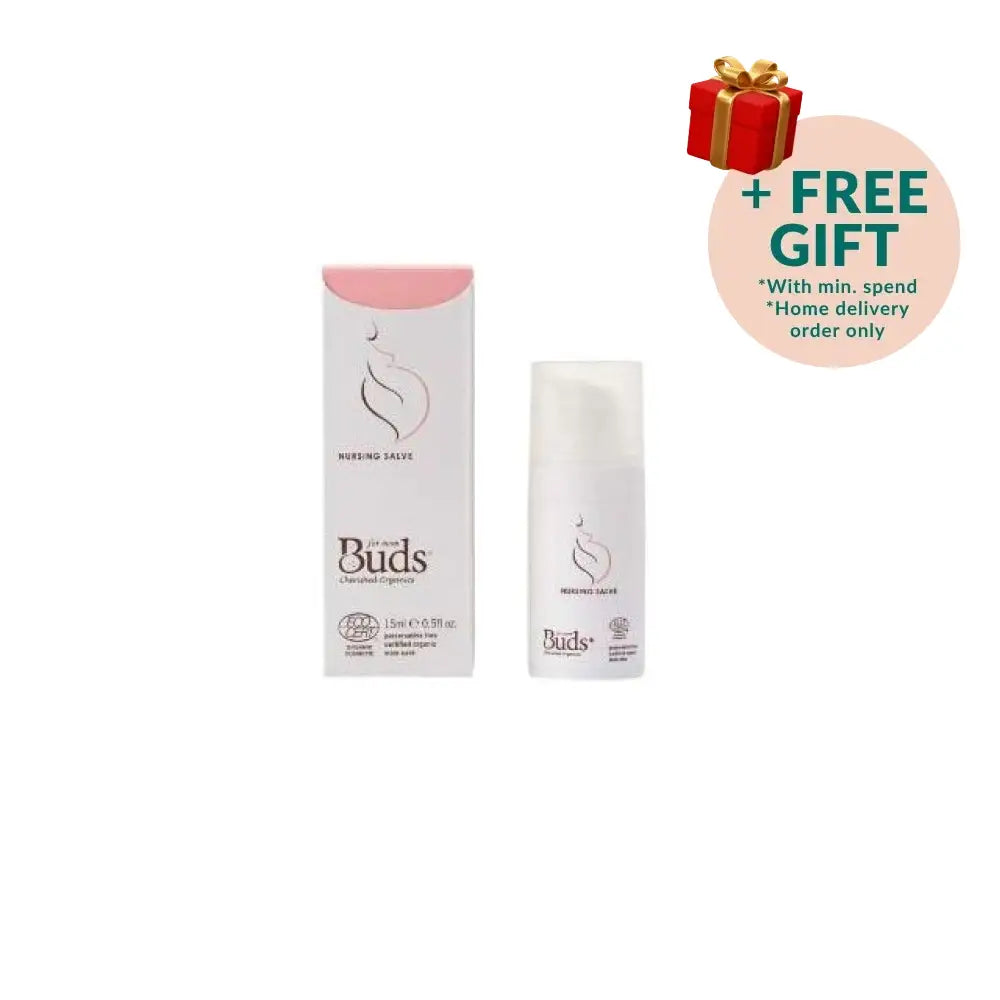 BUDS nursing salve for breastfeeding mothers in a compact bottle with a pink design and box packaging