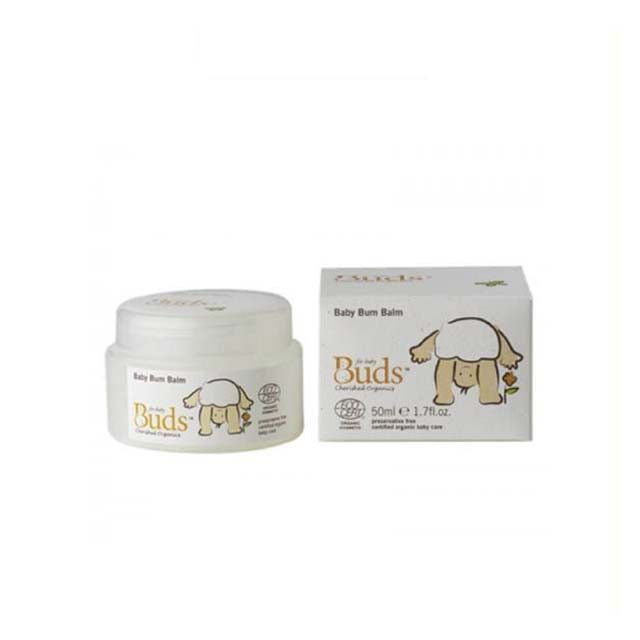 Buds Organic Baby Bum Balm in a 50ml jar with cartoon character on the packaging for gentle skincare