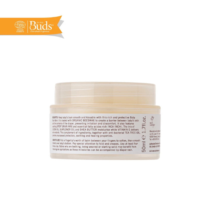 Buds organic baby bum balm in a 50ml jar, designed for soothing and protecting baby's skin