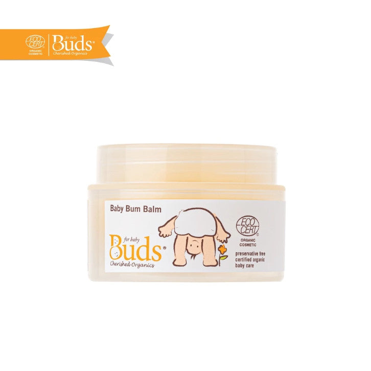 Buds Organic Baby Bum Balm in a jar designed for gentle and safe baby care