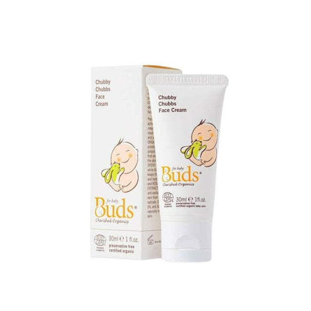 BUDS organic baby face cream in a tube with a cute baby graphic and packaging for gentle skin care