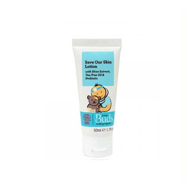 Buds Save Our Skin Lotion 50ml with Tea Tree Oil and Probiotics, perfect organic baby skin lotion