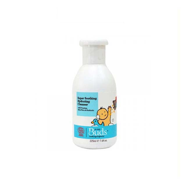Buds Organic Baby Soothing Cleanser in a 225ml bottle with a playful design for gentle infant care