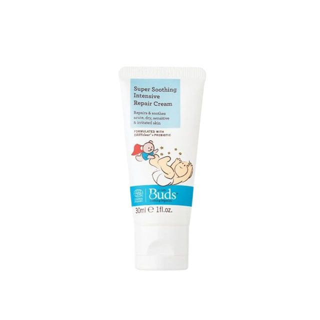 BUDS Super Soothing Intensive Repair Cream in a 30ml tube, ideal organic baby soothing cream for sensitive skin