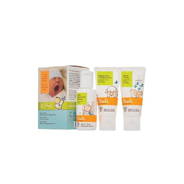 BUDS organic baby starter kit featuring gentle skincare products for newborns in eco-friendly packaging