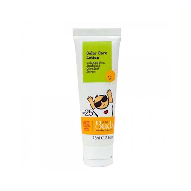 BUDS Organic Baby Sunscreen Lotion SPF 25 with Aloe Vera and Olive Leaf Extract in a 75ml tube