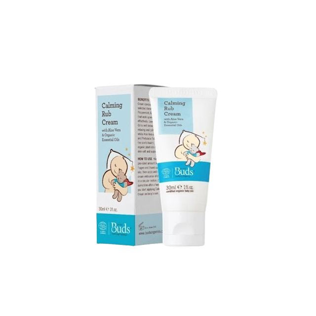 BUDS organic calming rub cream for babies in a 30ml tube with essential oils for soothing relief