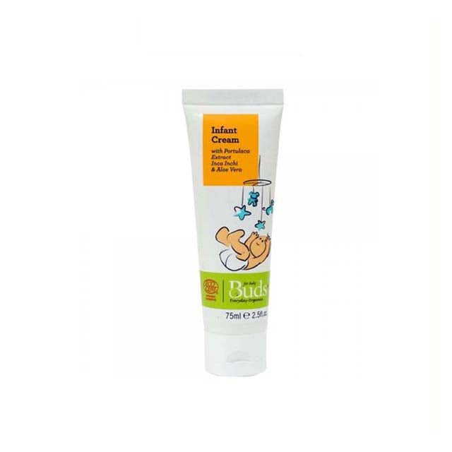BUDS organic infant cream in a 75ml tube with soothing ingredients like aloe vera